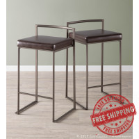 Lumisource B26-FUJI AN+BN2 Fuji Industrial Stackable Counter Stool in Antique with Brown Faux Leather Cushion - Set of 2